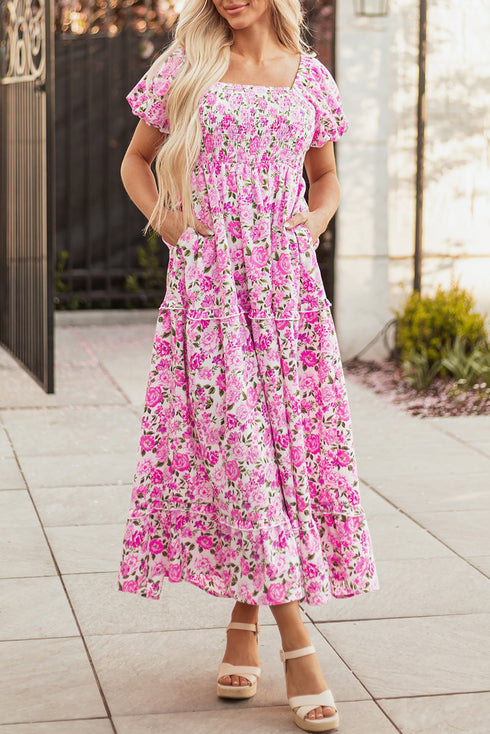 All Over Floral Smocked Puff Sleeve A Line Maxi Dress
