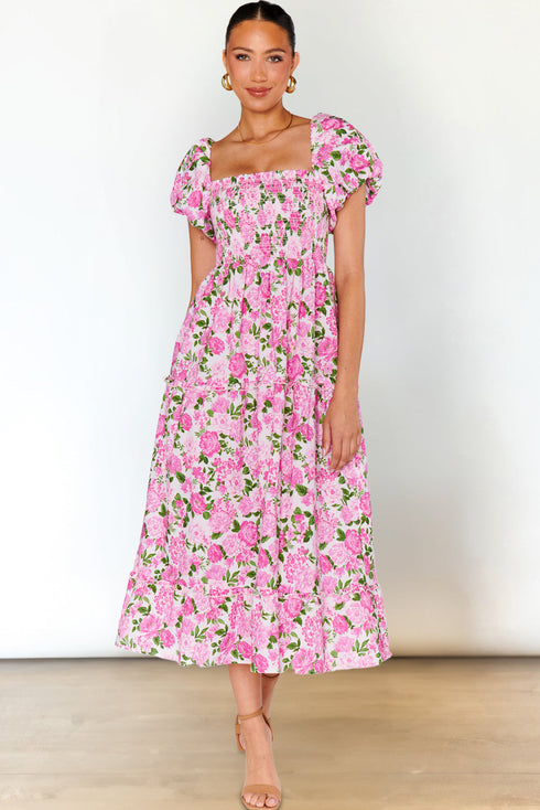All Over Floral Smocked Puff Sleeve A Line Maxi Dress