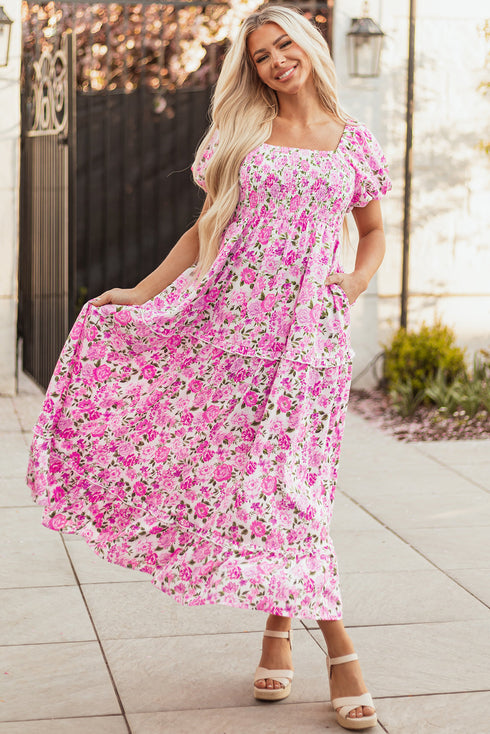 All Over Floral Smocked Puff Sleeve A Line Maxi Dress