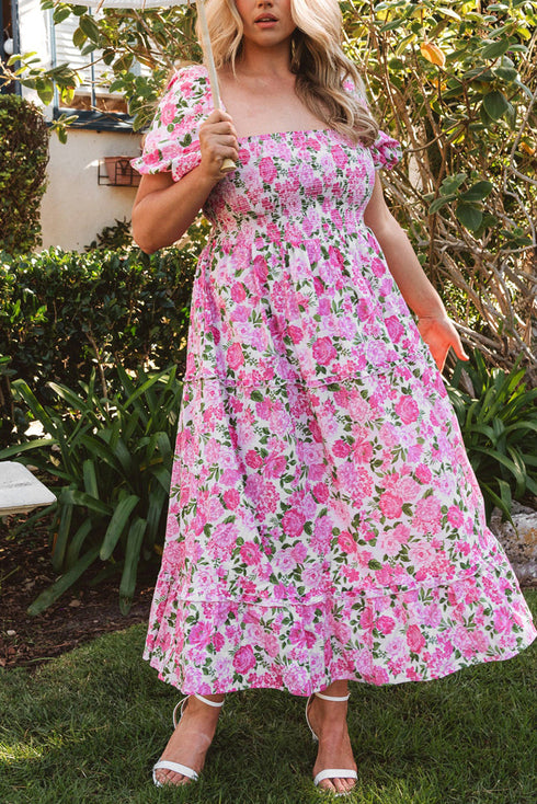All Over Floral Smocked Puff Sleeve A Line Maxi Dress