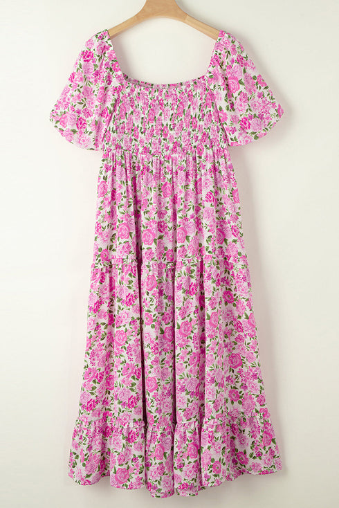 All Over Floral Smocked Puff Sleeve A Line Maxi Dress