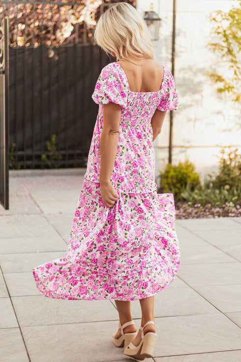 All Over Floral Smocked Puff Sleeve A Line Maxi Dress