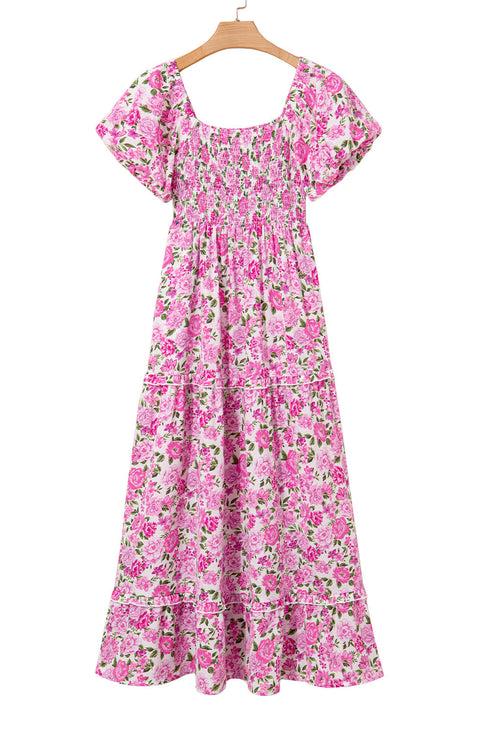 All Over Floral Smocked Puff Sleeve A Line Maxi Dress