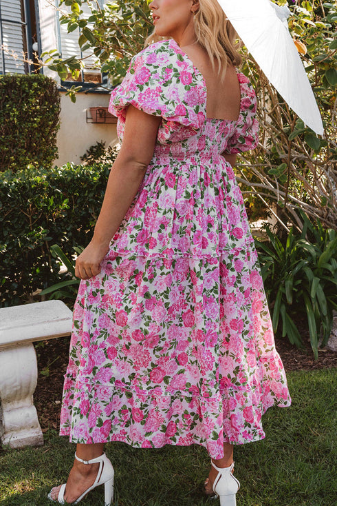All Over Floral Smocked Puff Sleeve A Line Maxi Dress