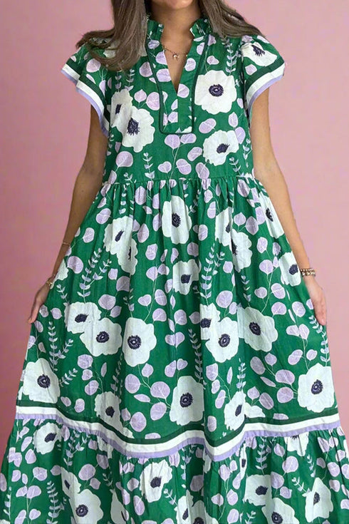 All Over Floral V Neck Ruffle Sleeve Maxi Dress