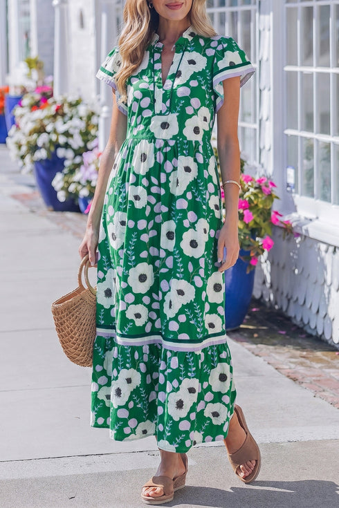 All Over Floral V Neck Ruffle Sleeve Maxi Dress