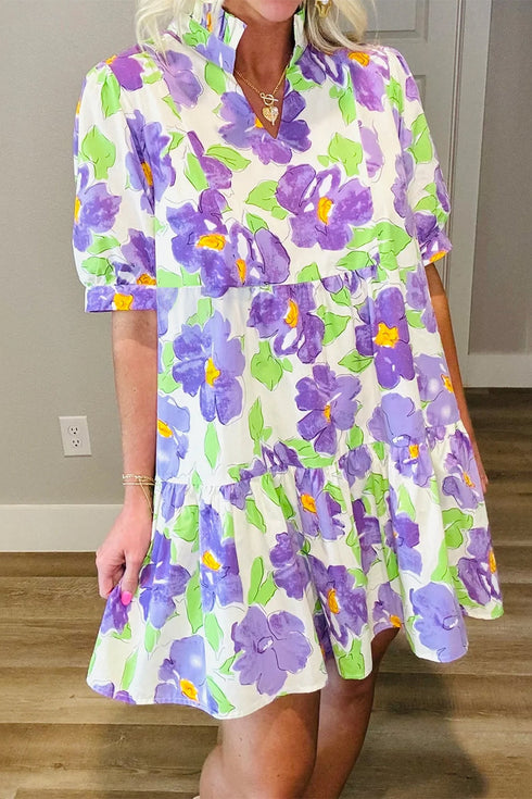 All Over Floral V Neck Tiered Ruffle Mini Dress