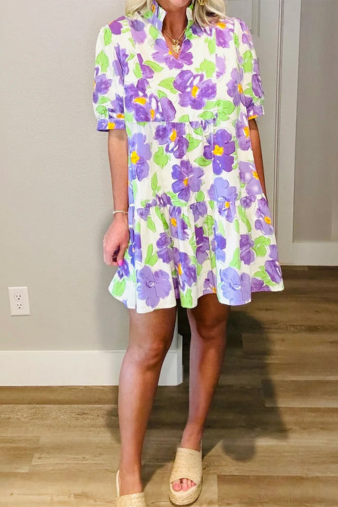 All Over Floral V Neck Tiered Ruffle Mini Dress