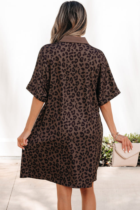 All Over Leopard Print Collared V Neck Mini Dress