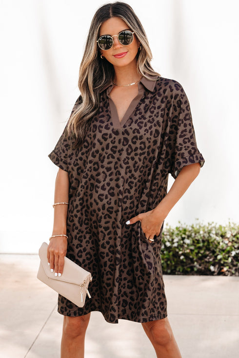 All Over Leopard Print Collared V Neck Mini Dress