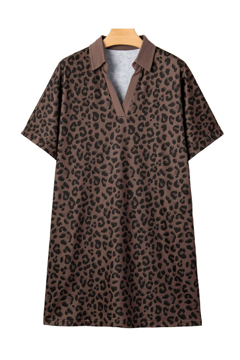 All Over Leopard Print Collared V Neck Mini Dress