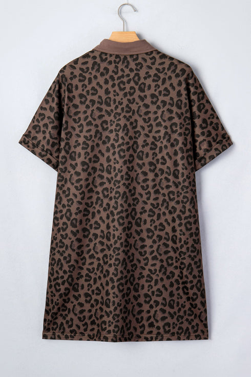 All Over Leopard Print Collared V Neck Mini Dress