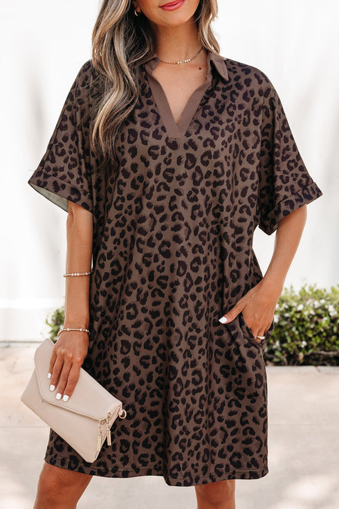 All Over Leopard Print Collared V Neck Mini Dress
