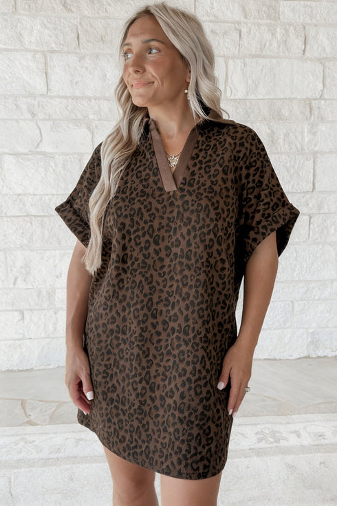 All Over Leopard Print Collared V Neck Mini Dress