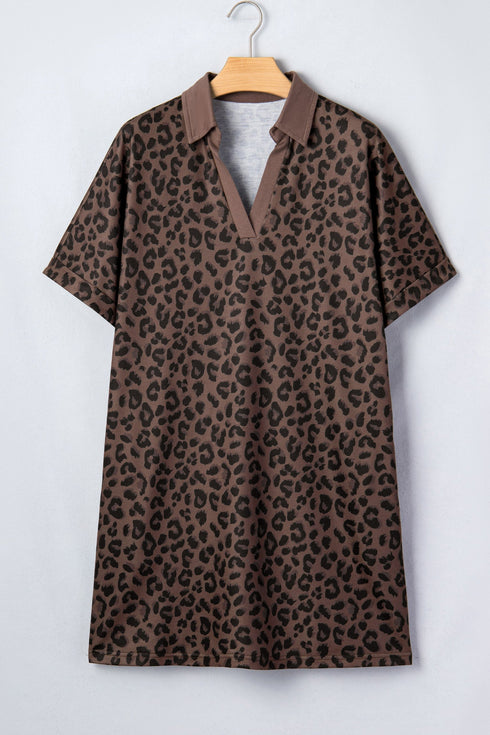 All Over Leopard Print Collared V Neck Mini Dress