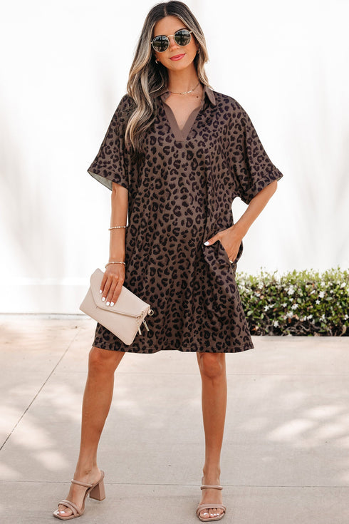 All Over Leopard Print Collared V Neck Mini Dress