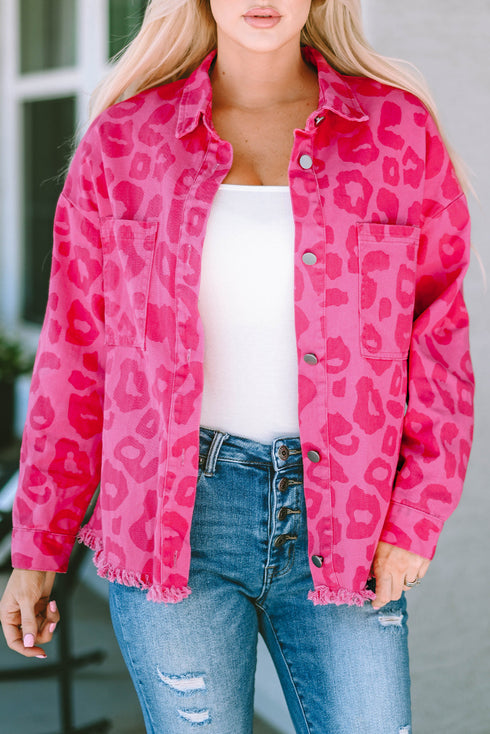 All Over Leopard Print Distressed Raw Hem Denim Jacket