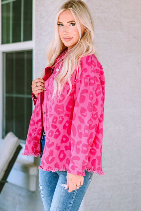 All Over Leopard Print Distressed Raw Hem Denim Jacket