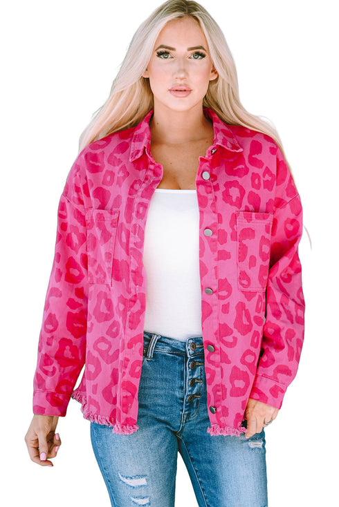 All Over Leopard Print Distressed Raw Hem Denim Jacket