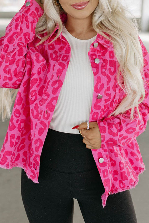 All Over Leopard Print Distressed Raw Hem Denim Jacket