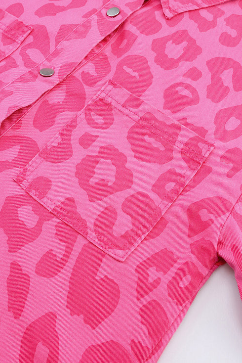 All Over Leopard Print Distressed Raw Hem Denim Jacket