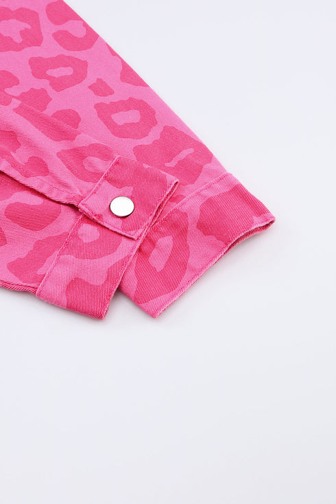All Over Leopard Print Distressed Raw Hem Denim Jacket