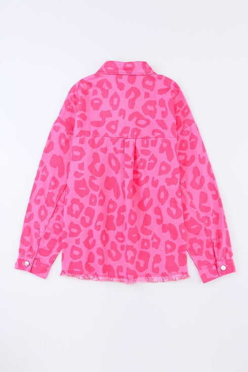 All Over Leopard Print Distressed Raw Hem Denim Jacket