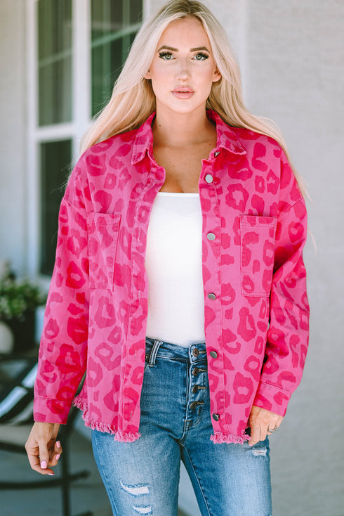 All Over Leopard Print Distressed Raw Hem Denim Jacket