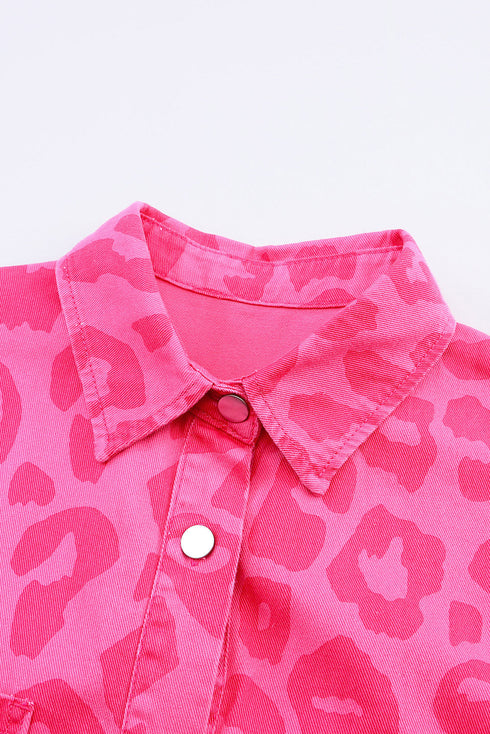 All Over Leopard Print Distressed Raw Hem Denim Jacket