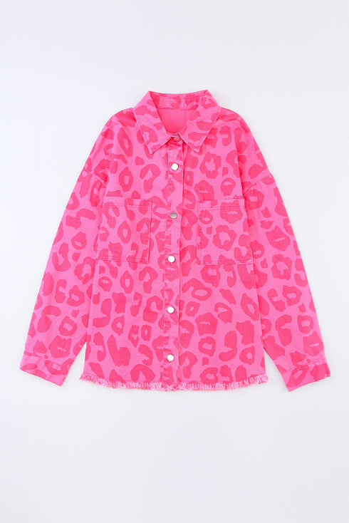 All Over Leopard Print Distressed Raw Hem Denim Jacket