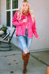 All Over Leopard Print Distressed Raw Hem Denim Jacket