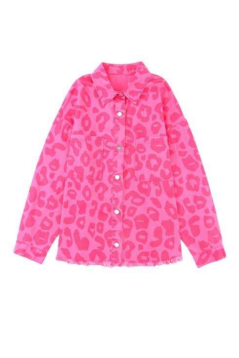 All Over Leopard Print Distressed Raw Hem Denim Jacket