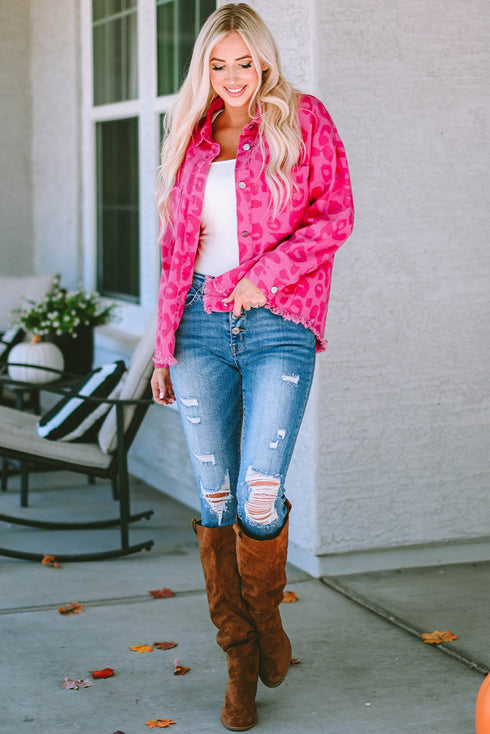 All Over Leopard Print Distressed Raw Hem Denim Jacket