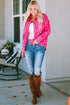 All Over Leopard Print Distressed Raw Hem Denim Jacket