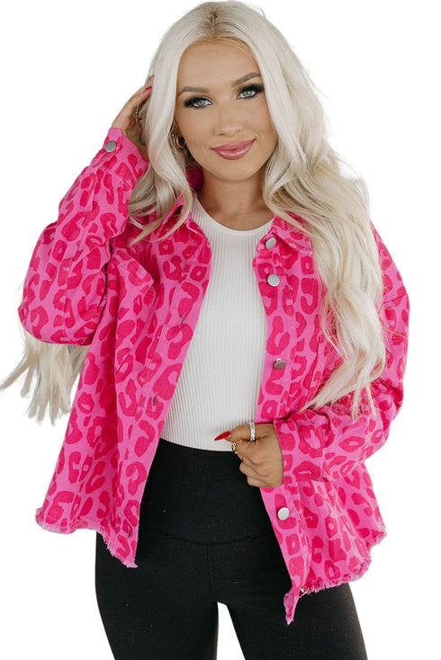 All Over Leopard Print Distressed Raw Hem Denim Jacket