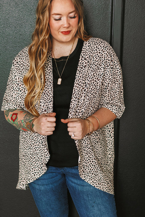 All Over Leopard Print Half Sleeve Open Front Cardigan