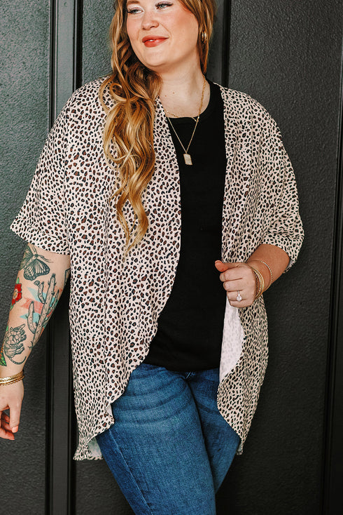 All Over Leopard Print Half Sleeve Open Front Cardigan