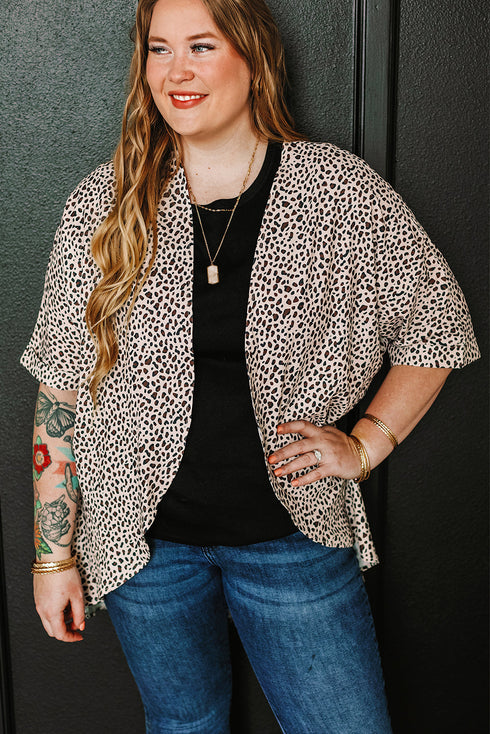 All Over Leopard Print Half Sleeve Open Front Cardigan