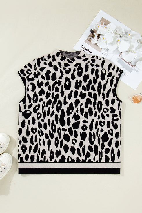 All Over Leopard Print High Neck Short Sleeve Sweater
