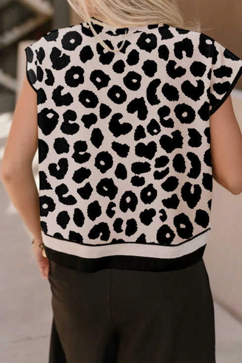All Over Leopard Print High Neck Short Sleeve Sweater