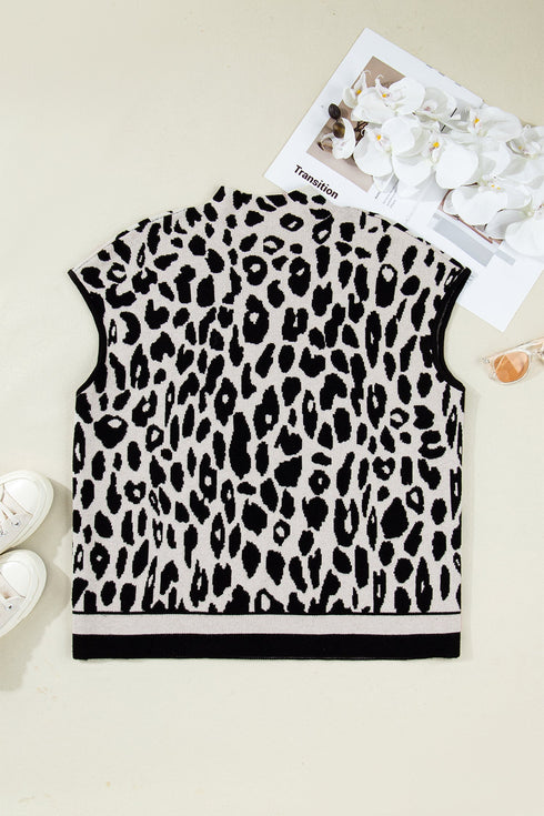 All Over Leopard Print High Neck Short Sleeve Sweater