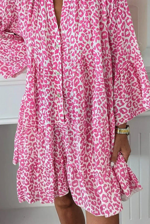 All Over Leopard Print Long Sleeve Buttoned Mini Dress