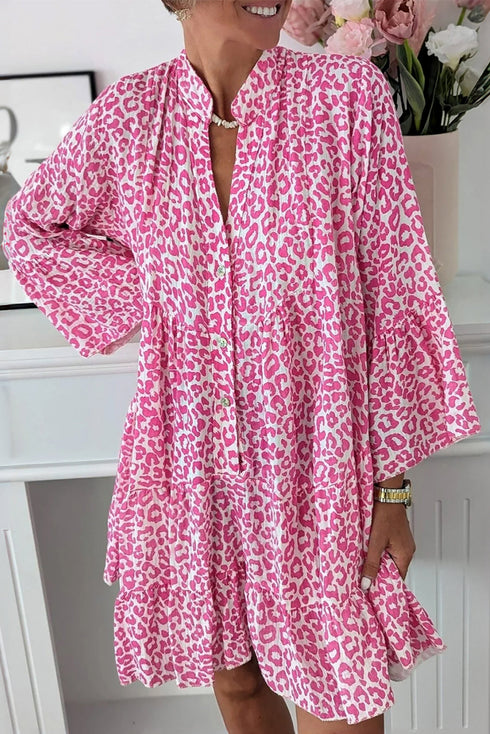 All Over Leopard Print Long Sleeve Buttoned Mini Dress