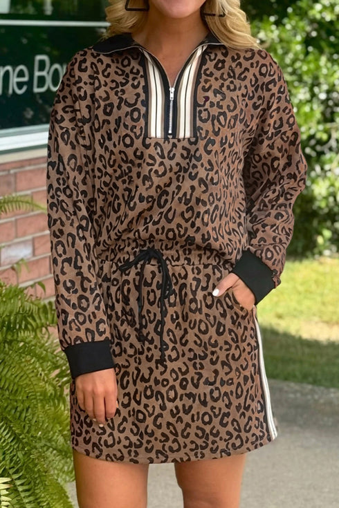 All Over Leopard Print Long Sleeve Two Piece Dress