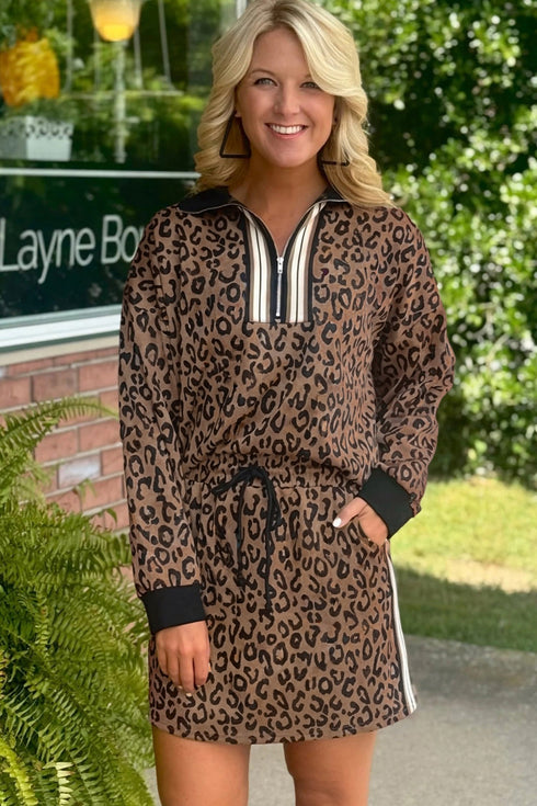 All Over Leopard Print Long Sleeve Two Piece Dress