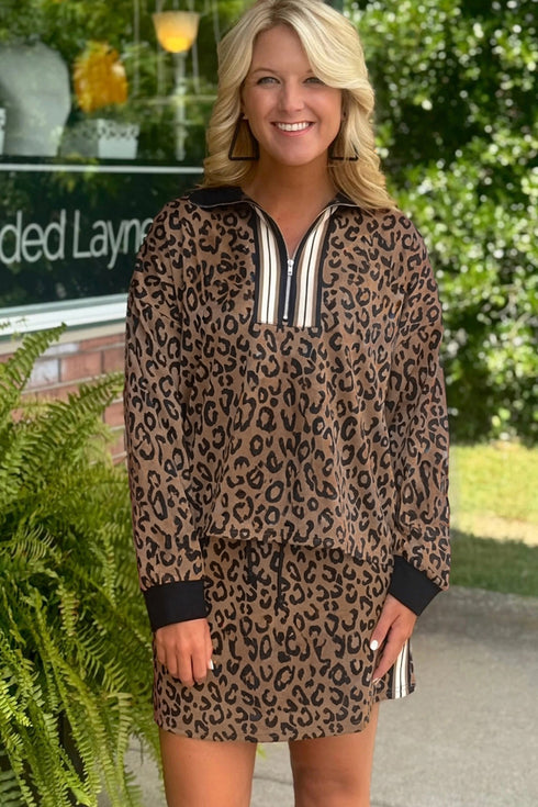 All Over Leopard Print Long Sleeve Two Piece Dress