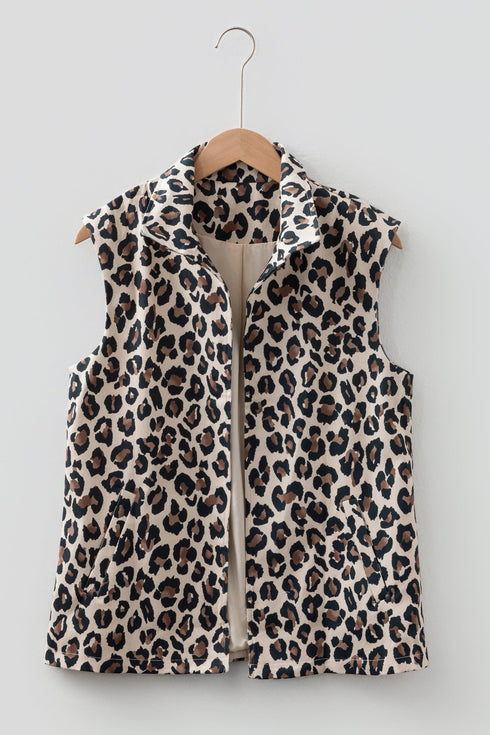 All Over Leopard Print Open Front Western Denim Vest