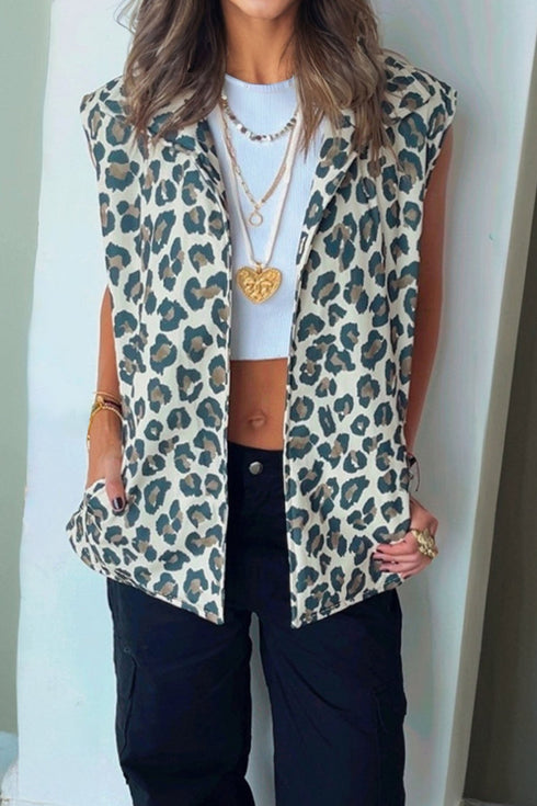 All Over Leopard Print Open Front Western Denim Vest