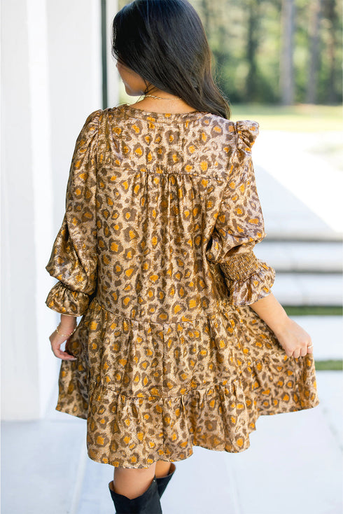 All Over Leopard Print Ruffled Sleeve Tiered Mini Dress