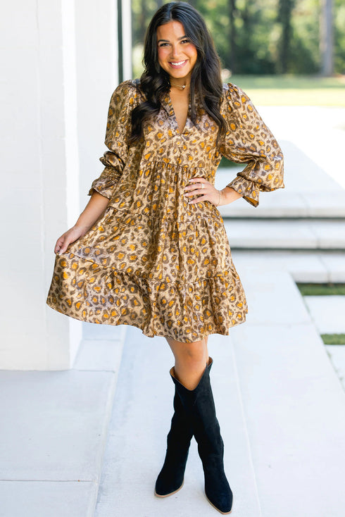 All Over Leopard Print Ruffled Sleeve Tiered Mini Dress